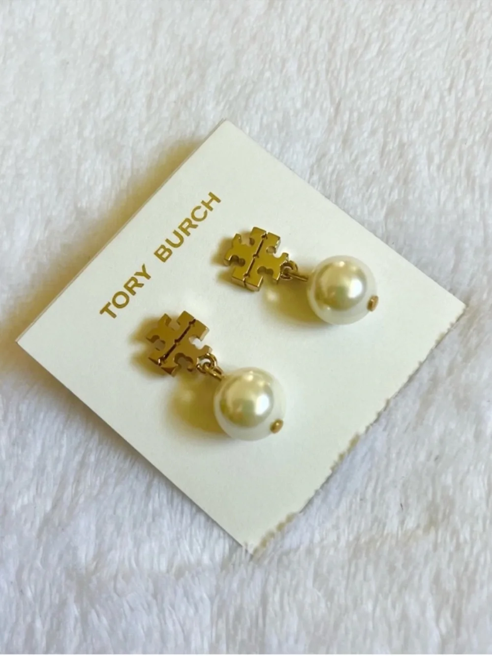 Tory Burch Gold-Tone Logo Drop Earrings with Cream Pearls